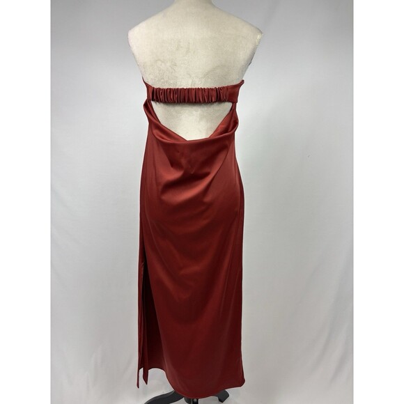 by Anthropologie Strapless Dress Orange Red Rust Satin Size Large Cowl Back - Picture 2 of 15
